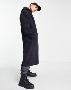 Серое меланжевое пальто в стиле oversized с капюшоном из материала с добавлением шерсти в тонкую темно-синюю полоску ASOS DESIGN-Темно-синий