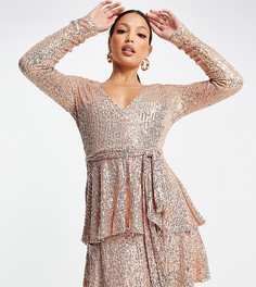 Эксклюзивное многоярусное платье мини цвета розового золота с глубоким вырезом и пайетками In The Style Tall-Золотистый