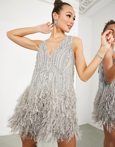 Сиреневое платье мини бисером, стразами и отделкой искусственными перьями по нижнему краю ASOS EDITION-Фиолетовый цвет