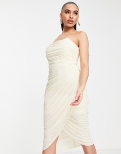 Кремовое платье миди из сетки с корсетом Rare London-Белый