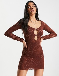 Коричневое облегающее платье мини с вырезом, длинными рукавами и зебровым принтом Ei8th Hour-Коричневый цвет