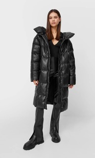 Stradivarius Длинное Стеганое Пальто Из Искусственной Кожи Черный S