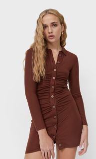 Stradivarius Платье В Стиле Поло Со Сборкой Коричневый M
