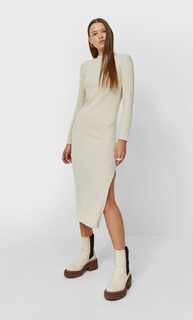 Stradivarius Платье Миди Из Мягкой Ткани С Отделкой В Рубчик Цвет Камня Xl