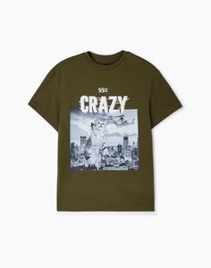 Хаки футболка с принтом Crazy для мальчика Gloria Jeans