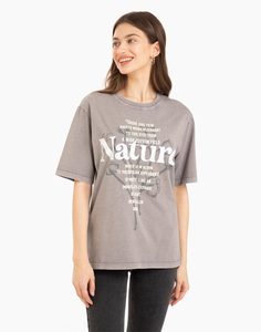 Серая футболка oversize c принтом Nature Gloria Jeans