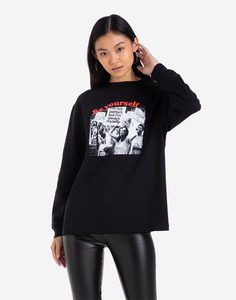 Чёрный лонгслив oversize с принтом Be yourself Gloria Jeans