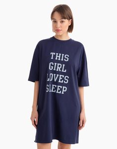 Тёмно-синяя ночная сорочка с надписью This girl loves sleep Gloria Jeans