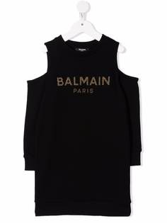 Balmain Kids платье с открытыми плечами и логотипом