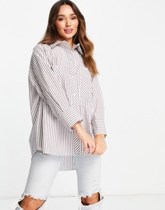 Шоколадная oversized-рубашка из поплина в полоску Topshop-Коричневый цвет
