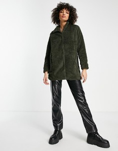 Темно-зеленое пальто из искусственного меха с высоким воротом Vero Moda-Серый