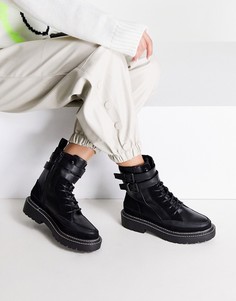 Черные ботинки на плоской подошве с двумя ремешками и контрастной строчкой River Island-Черный цвет