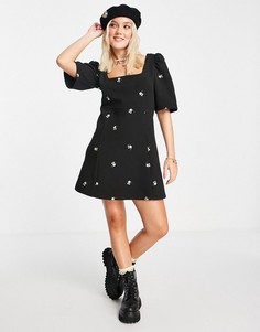 Черное стеганое платье мини с цветочной вышивкой ASOS DESIGN-Черный цвет