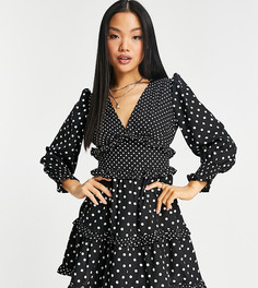 Ярусное платье мини в горошек с длинными рукавами Influence Petite-Черный