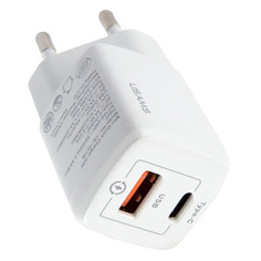 Сетевое зарядное устройство USAMS US-CC128 T37, USB + USB type-C, 3A, белый [ут000024514] Noname