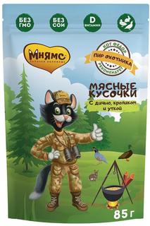 Влажный корм Мнямс &quot;Пир охотника&quot; для кошек, мясные кусочки с уткой, кроликом и дичью, 85гр