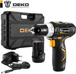 Аккумуляторная дрель-шуруповерт Deko GCD12DU3 SET 4 в кейсе оснастка 13 шт, 2*2 А·ч черно-желтый ДЕКО