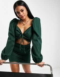 Изумрудно-зеленое облегающее платье мини с пуговицами, объемными рукавами и вырезом I Saw It First-Зеленый цвет