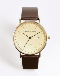 Классические мужские часы со светло-коричневым ремешком и окошком с датой Christin Lars-Золотистый
