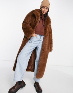 Длинная шуба шоколадного цвета Topshop-Коричневый цвет