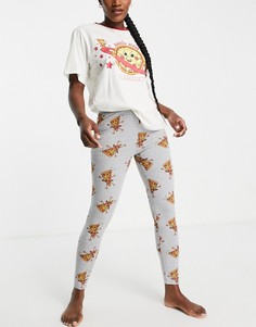 Пижамный комплект из oversized-футболки с принтом "Always Space For Pizza" и леггинсов кремового и серого цветов ASOS DESIGN-Разноцветный