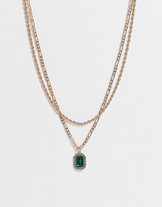 Золотистое двухрядное ожерелье с подвеской в виде зеленого камня ASOS DESIGN-Серебряный
