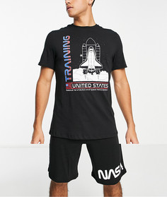 Пижама черного и серого цвета из футболки с принтом самолета для подготовки к полету Шаттла и шорт с принтом NASA Poetic Brands-Черный