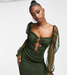 Платье мини цвета хаки с сетчатыми рукавами и декоративными вырезами Rebellious Fashion Exclusive-Зеленый цвет