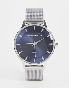 Серебристые мужские часы с темно-синим циферблатом и сетчатым ремешком Christin Lars-Серебристый