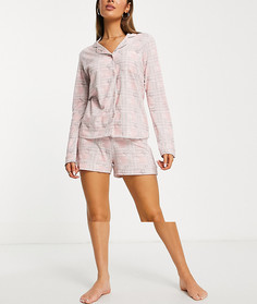 Пижамный комплект с шортами и рубашкой на пуговицах в серо-розовую клетку Original Penguin-Розовый цвет