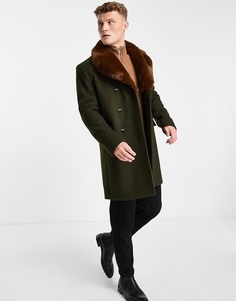 Двубортное пальто с воротником из искусственного меха Gianni Feraud-Зеленый цвет