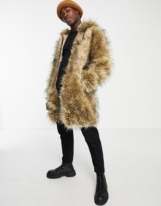 Удлиненная фактурная куртка коричневого цвета из искусственного меха с капюшоном Urbancode-Коричневый цвет