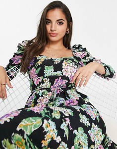 Платье миди с декорированными рукавами и крупным цветочным принтом Miss Selfridge-Разноцветный