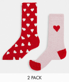 Набор из 2 пар пушистых носков красного и розового цветов с узором сердец Threadbare-Красный