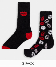 Набор из 2 пар пушистых носков черного и красного цветов с узором губы Threadbare-Черный