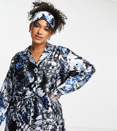 Атласная пижама с шортами из 3 предметов темно-синего цвета с цветочным принтом In The Style Plus x Lorna Luxe-Разноцветный