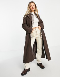 Коричневое меланжевое oversized-пальто с поясом Monki-Коричневый цвет