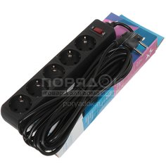 Сетевой фильтр 5 гнезд, 3 м, ПВС, 3 х 0.75, с заземлением, 10 А, черный, Космос, FKsm3m-5g(B)