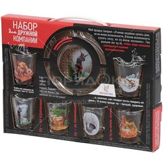 Набор 7 предметов, стекло, стопка 50 мл 6 шт, пепельница, подарочная упаковка, Декостек, Охота, 1210-Д