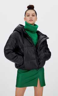 Stradivarius Утепленная Стеганая Куртка Из Искусственной Кожи С Капюшоном Черный M