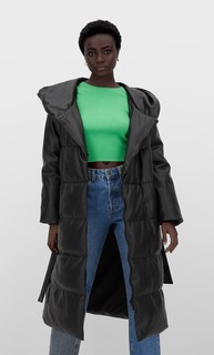 Stradivarius Стеганое Пальто Из Искусственной Кожи С Поясом Черный M