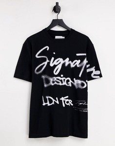 Черная oversized-футболка с принтом в виде надписи "Signature" Topman-Черный цвет