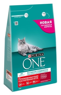Сухой корм Purina ONE для стерилизованных кошек и котов, с говядиной и пшеницей, 3кг