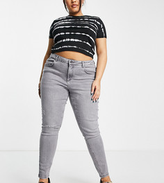 Серые зауженные джинсы с завышенной талией и рваной отделкой на колене Noisy May Curve Callie-Серый