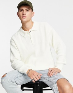 Светло-бежевый трикотажный лонгслив-поло в стиле oversized Topman-Белый