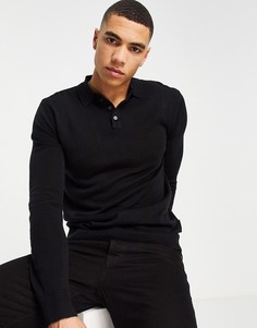 Черная строгая футболка-поло из вискозы с длинными рукавами French Connection-Черный