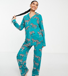 Бирюзовый пижамный комплект из экологичного трикотажа с принтом зебр, брюками и рубашкой с отложным воротником Chelsea Peers Maternity-Голубой