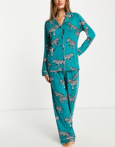 Бирюзовая пижама из экологичного трикотажа с рубашкой с отложным воротником и брюками с принтом зебр Chelsea Peers-Голубой