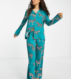 Бирюзовая пижама из экологичного трикотажа с рубашкой с отложным воротником и брюками с принтом зебр Chelsea Peers Petite-Голубой