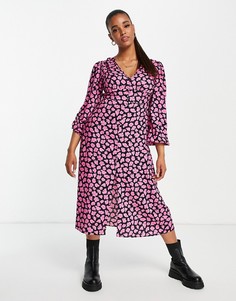 Платье миди на пуговицах с розовым цветочным принтом Miss Selfridge-Черный цвет